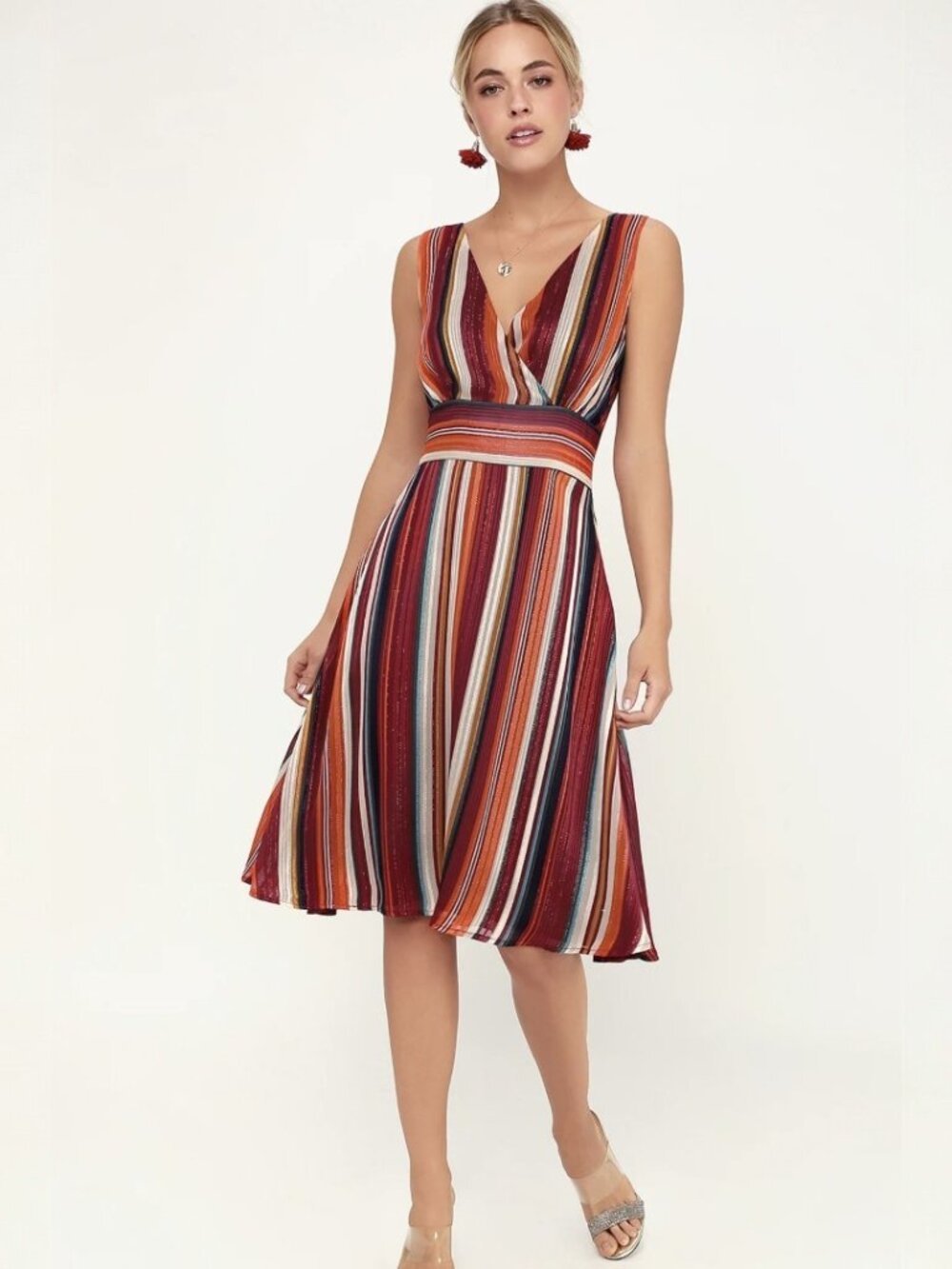 Lulus Make My Dreams Come True Burgundy Multi Striped Midi Dress​ NWT
